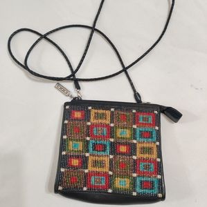 Brighton Black Leather Beaded Braided Crossbody Hand Bag Wallet Purse